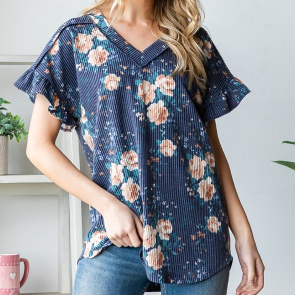 New Heimish Navy Floral Ribbed Top - Picture 2 of 4